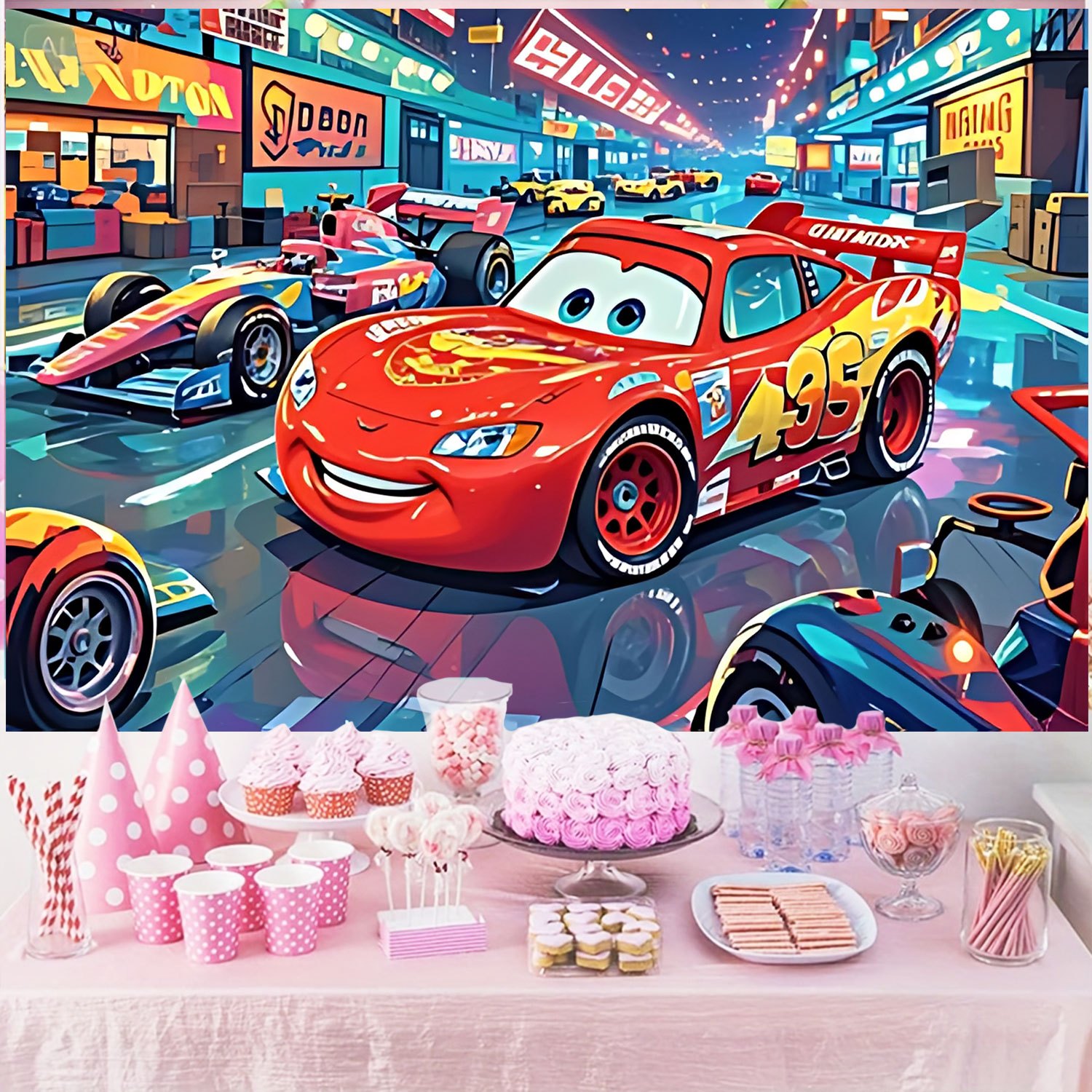 Disney Cars Movie Backdrop Ban - مراجعة Lighting Mcqueen Birthday Decor وسعره